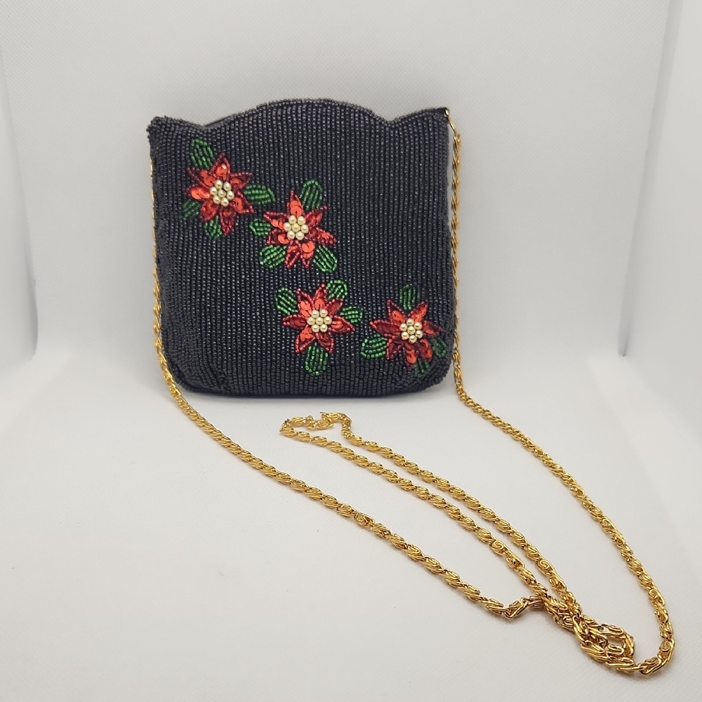 Black Beaded Poinsettia Zippered Pouch